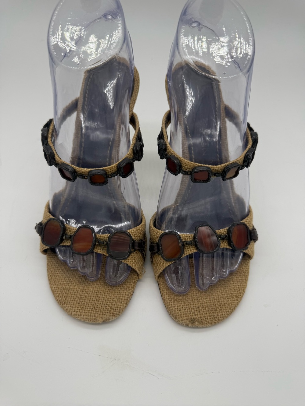 Louis Vuitton LV Woven Slingback Sandals with Amber Stone Accents - Tan